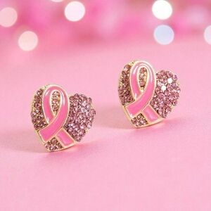 Breast Cancer Awareness Pink Heart Ribbon Earrings